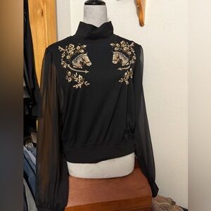 Double D Ranch Black Sheer-Sleeve Embroidered Horse Top